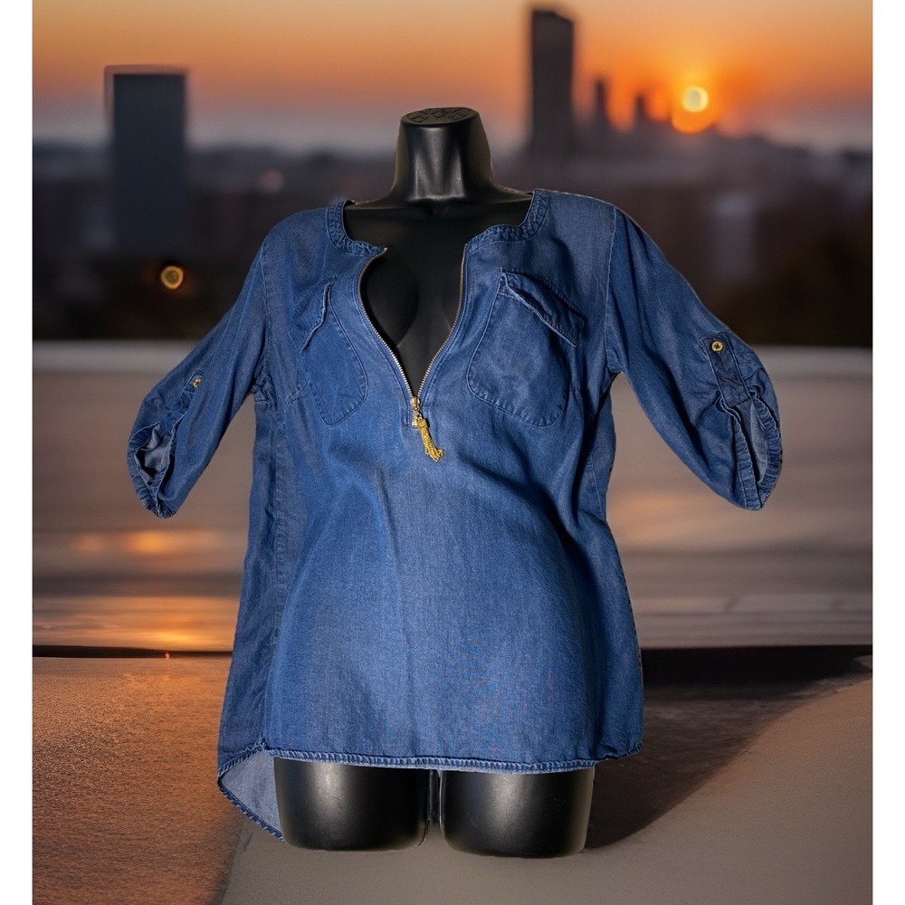 Ellen Tracy Womens Denim Top Size Sm Blue Chambray Roll Tab Sleeves Gold Zip